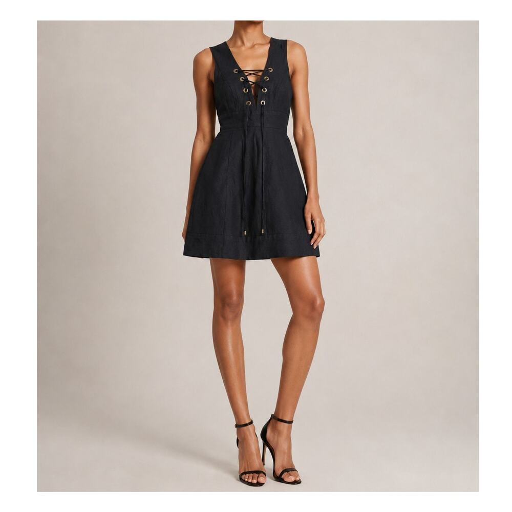 J.Crew Collection Lace Up A-Line Structured Dress Size 6 Black Linen Knee Length